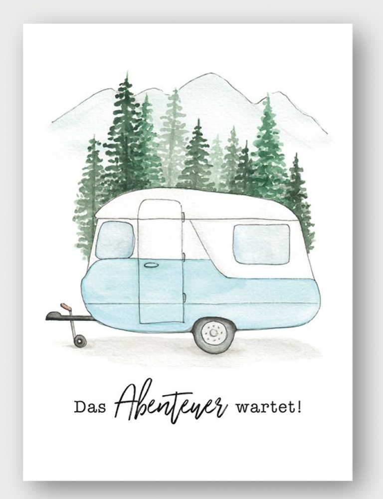 Postkarte Aquarell mit Wohnwagen / Camper "Das Abenteuer wartet" von Frollein Lücke