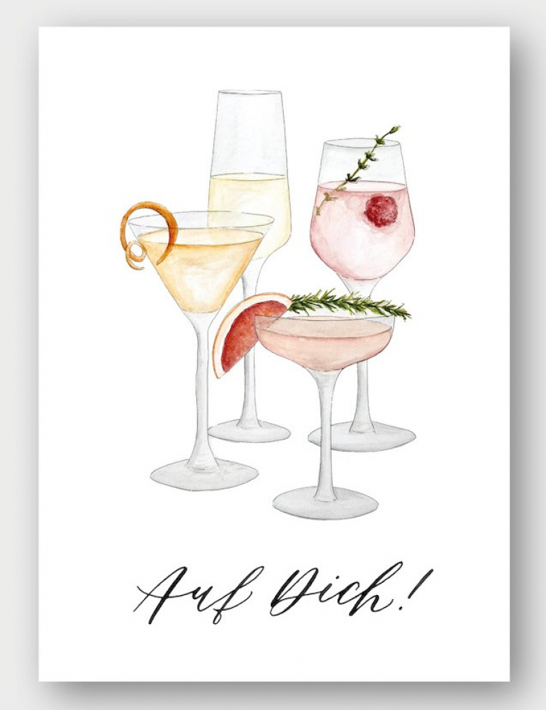 Postkarte Aquarell mit Cocktails "Auf Dich" von Frollein Lücke