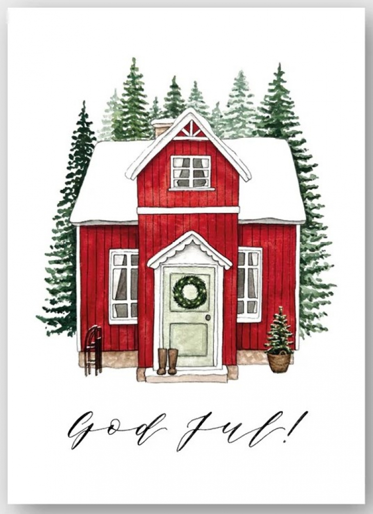 Postkarte Aquarell Schwedenhaus  "God Jul" von Frollein Lücke