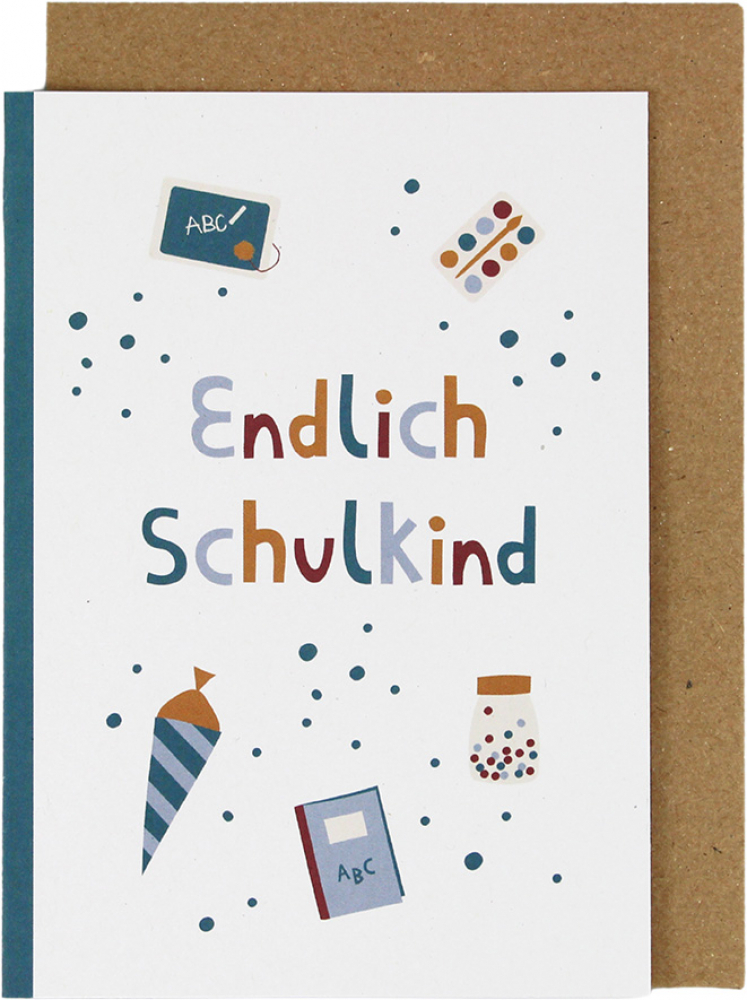 Glückwunschkarte Einschulung Aufschrift "Endlich Schulkind" in türkis von Ava & Yves