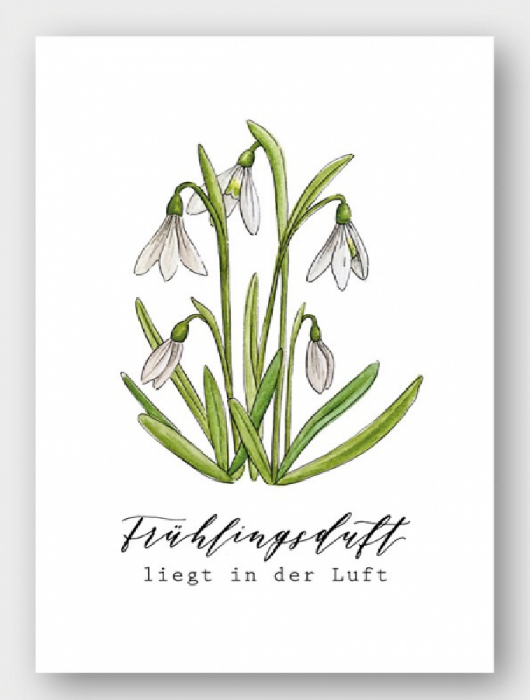 Aquarell - Postkarte Frühling mit Schneeglöckchen-Motiv in lebendigen Farben, ideal für Grüße und besondere Anlässe.