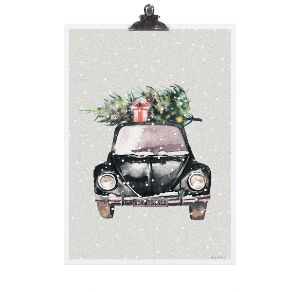 Poster Christmas Car von Tafelgut  DIN A3 Auto, Käfer, Tannenbaum