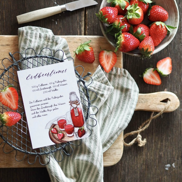 Postkarte Aquarell mit Rezept "Erdbeerlimes" von Frollein Lücke