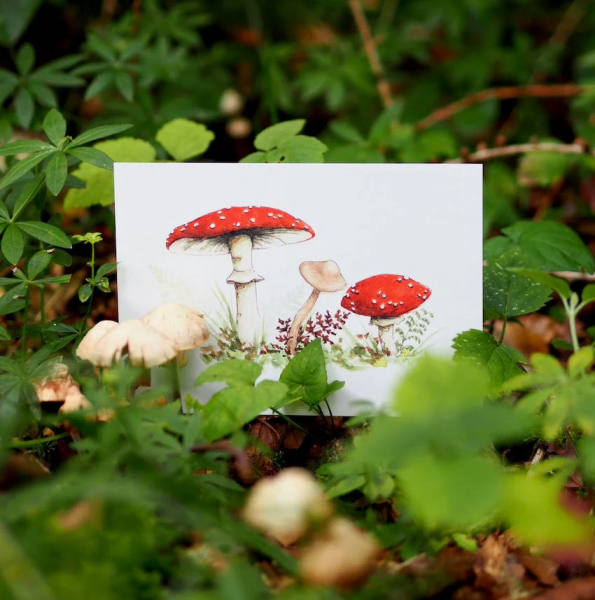 Postkarte Aquarell mit Pilzen "gemütliche Herbstzeit"