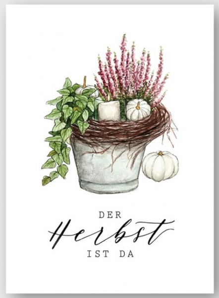 Postkarte Aquarell mit Kürbis " Der Herbst ist da"