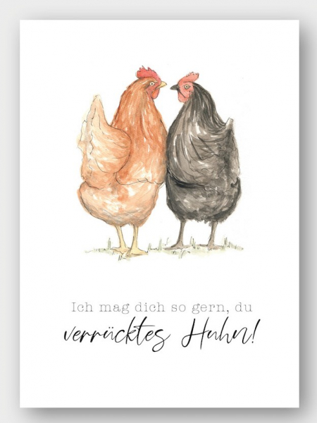 Postkarte Aquarell mit Hühner "ich mag dich, du verrücktes Huhn"