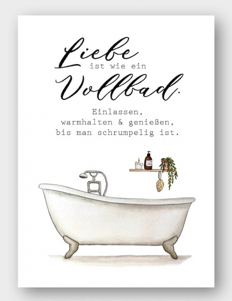 Postkarte Aquarell mit Badewanne "Liebe ist wie ein Vollbad"